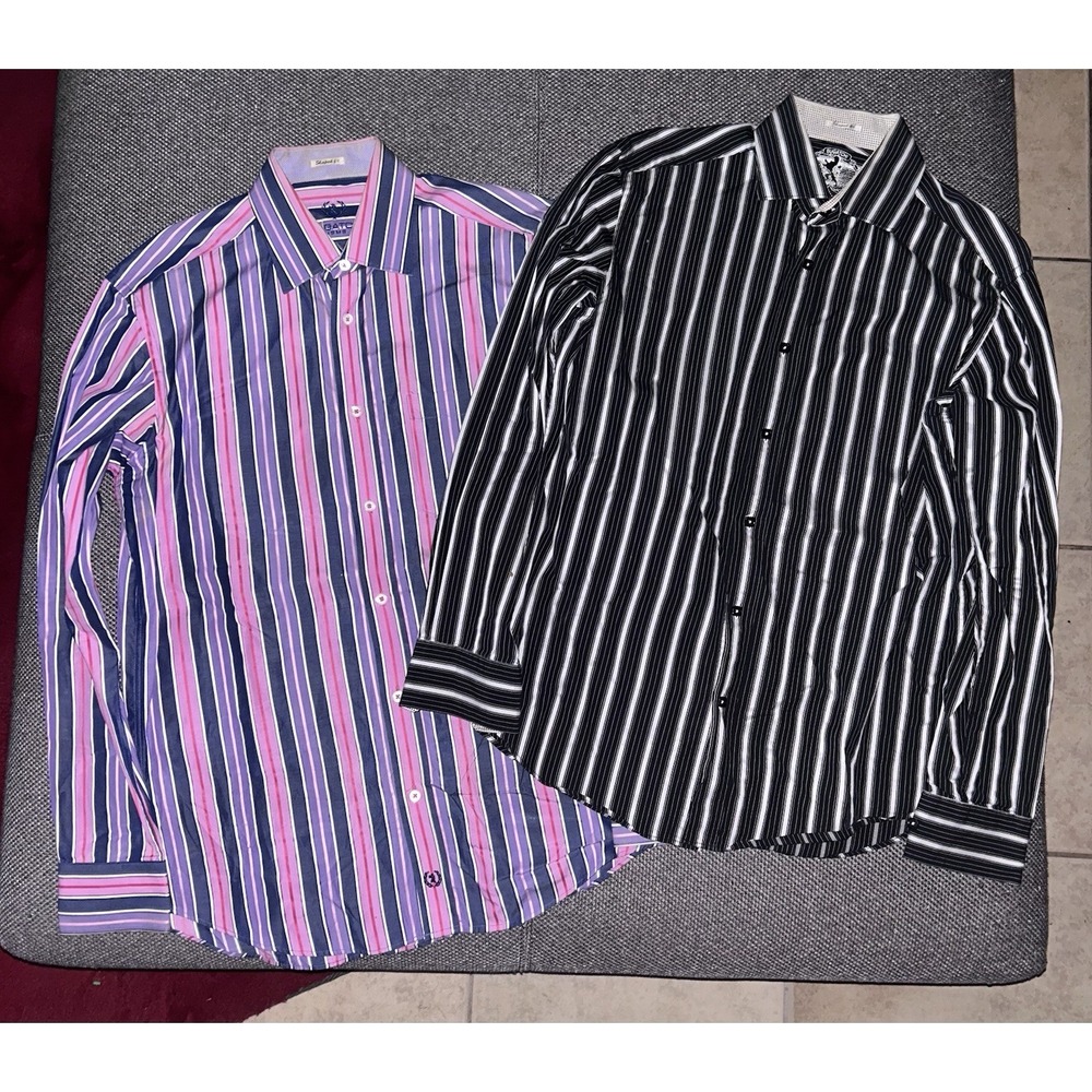 Vintage Bugatchi UOMO Striped Long Sleeve Button Shirt Bundle of 2 Mens Large L